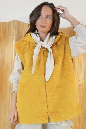Mara Luxury Faux Fur Hooded Gilet Ochre